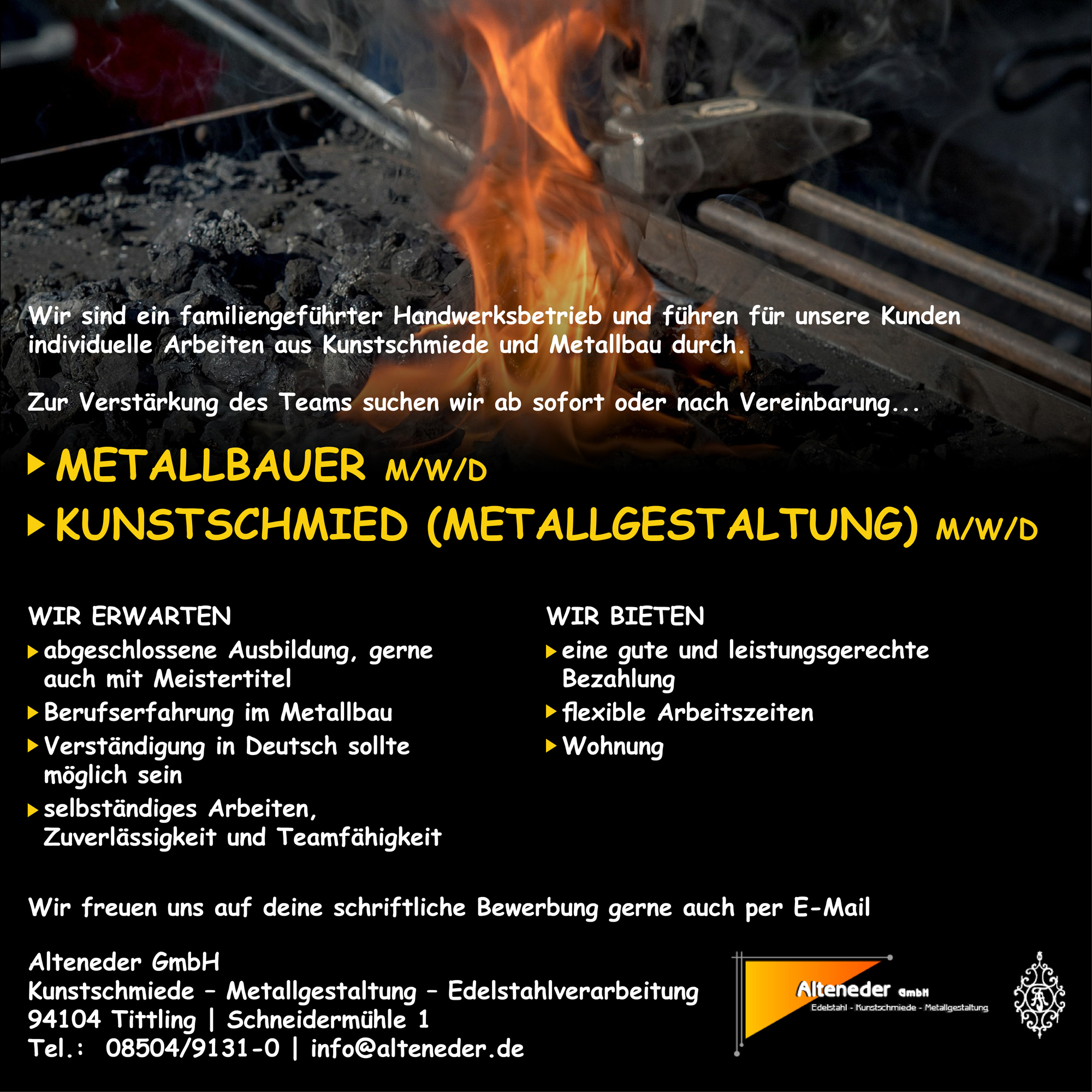 Job Stellenagebot Metallbauer Kunstschmied Metallgestaltung Alteneder GmbH